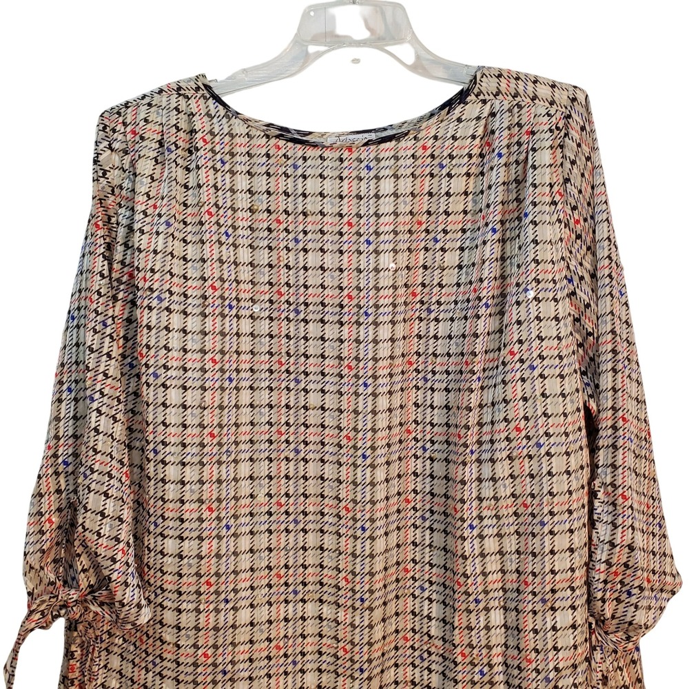 Mosaic Vintage Sequin Plaid‎ Tunic Top 3/4 Sleeve Tie Cuff Size 2X Shoulder Pads